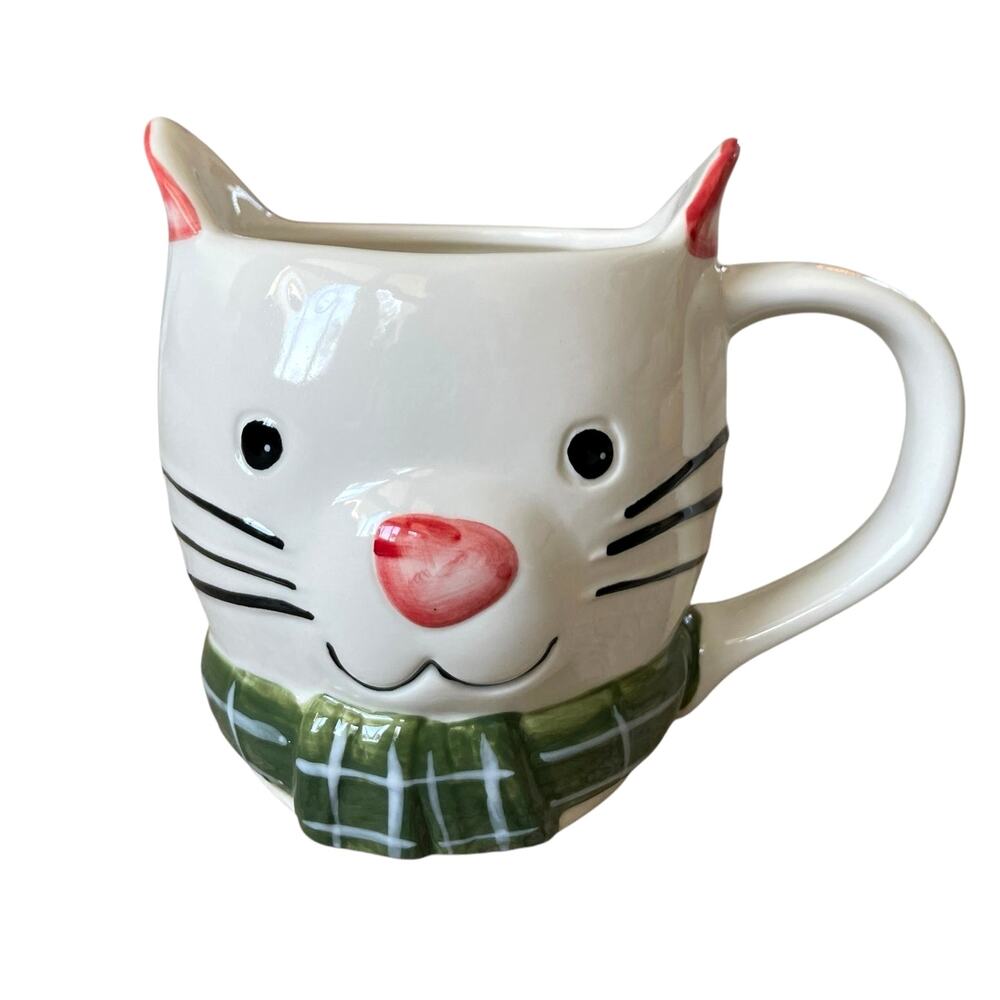 Tabletops Christmas Cat Wearing Green Scarf Ceramic Mug 18oz Holiday NEW